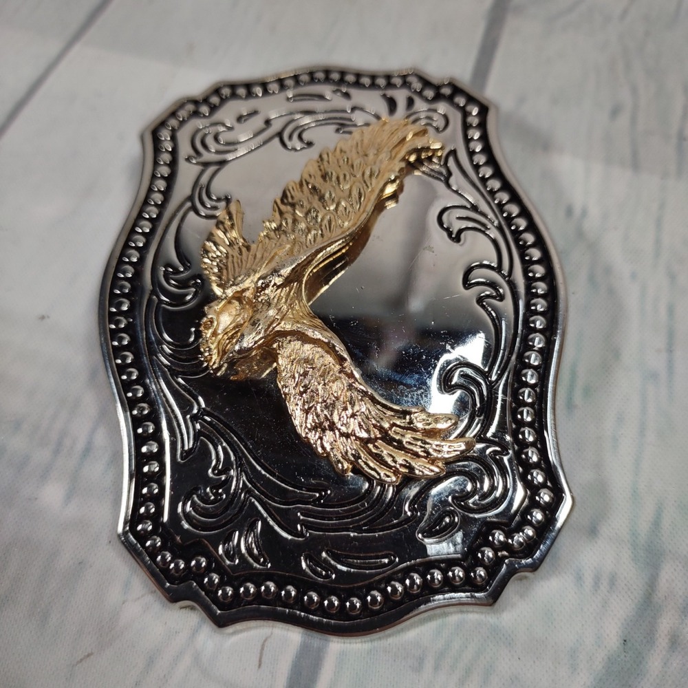 Men's Western Eagle Belt Buckle Metal Silver/Gold Color Rectangular Fits 1.5" - Picture 2 of 5